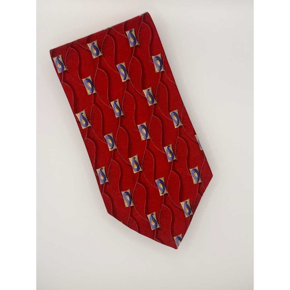 Robert Talbott Studio Silk Tie Mens Red Blue Gold Geometric Paisley Hand Sewn